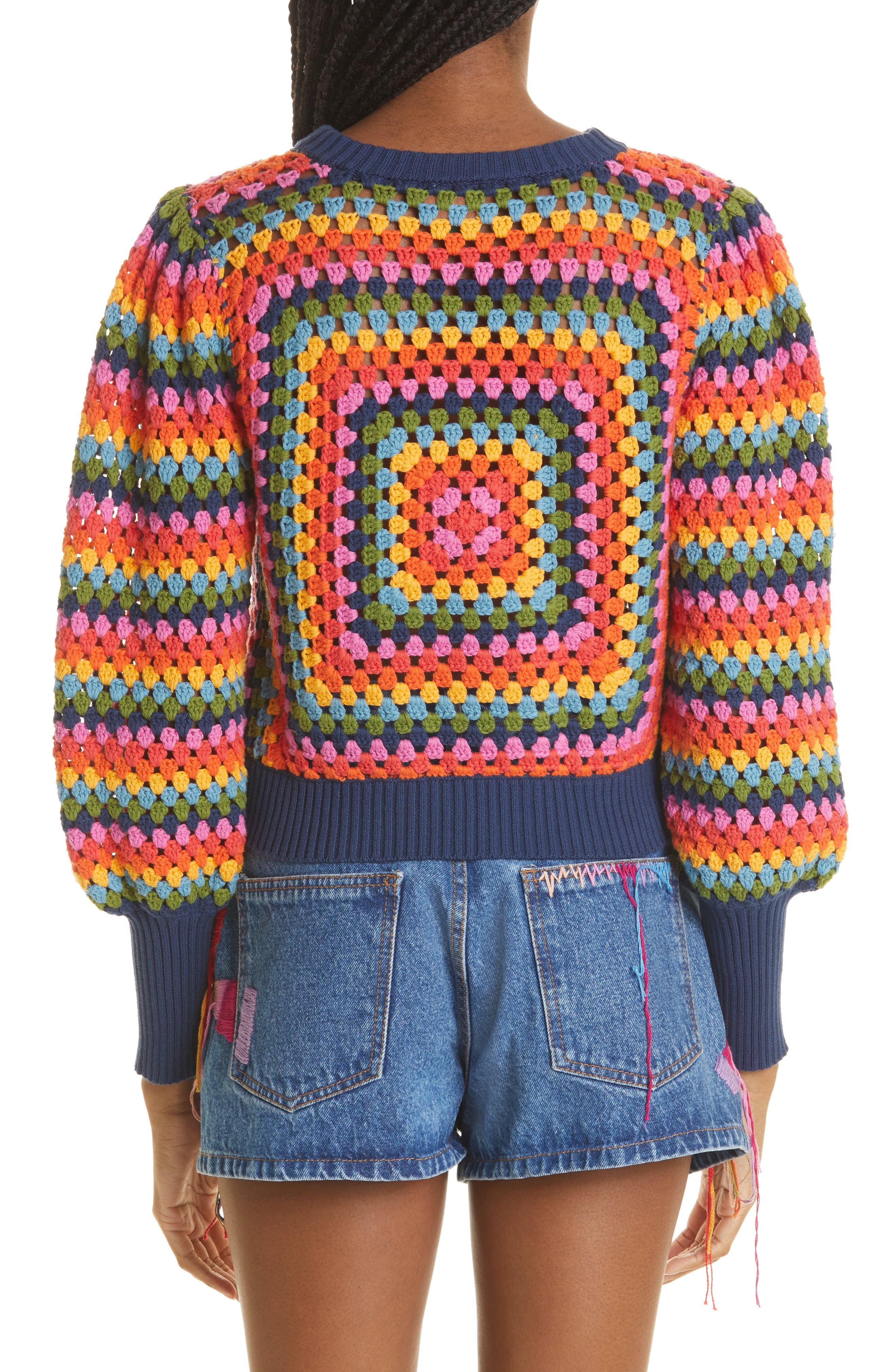 Farm Rio Sunset Stripes Crochet Crop Sweater