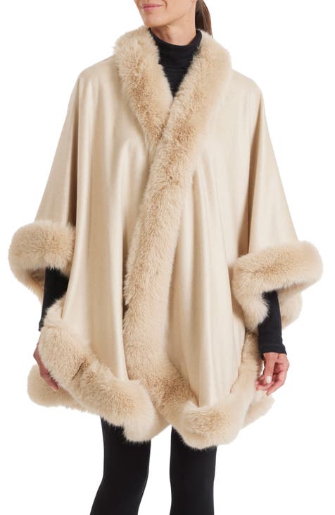 Faux Fur Trim Cashmere Cape