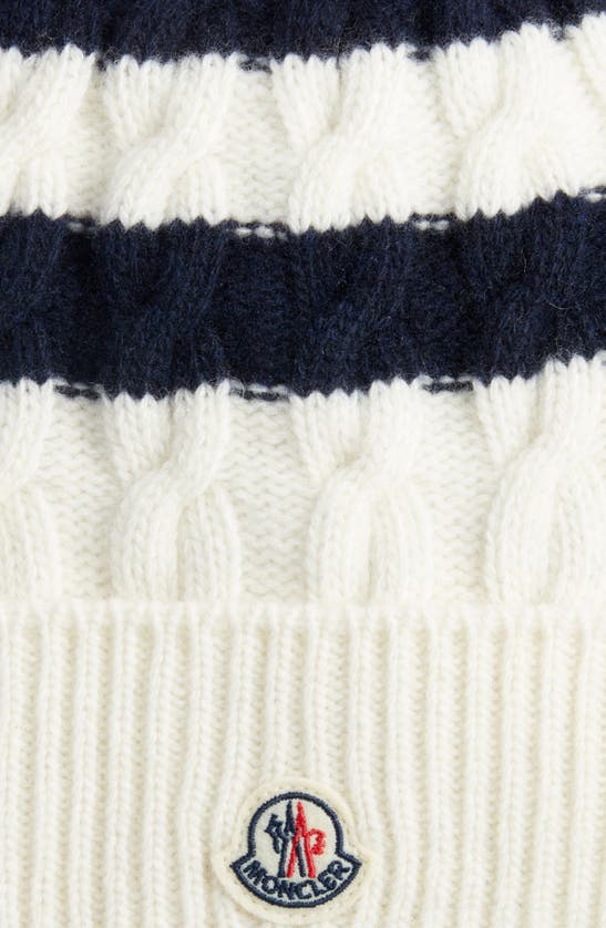 Shop Moncler Stripe Wool Beanie In Ivory/ Blue Navy