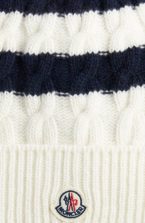 Shop Moncler Stripe Wool Beanie In Ivory/blue Navy