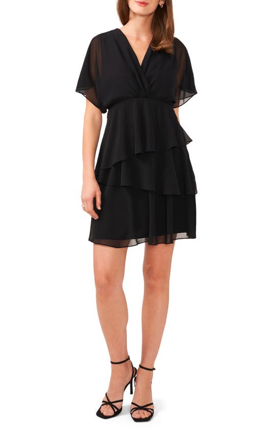 Shop Halogen (r) Flutter Sleeve Tiered Ruffle Chiffon Dress In Rich Black