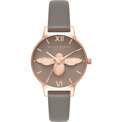 Olivia Burton 3D Bee Leather Strap Watch, 30Mm