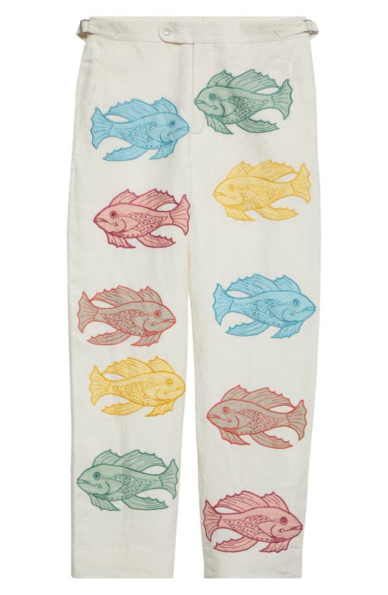 Bode Piscine Appliqué Linen Straight Pants In Off White Multi