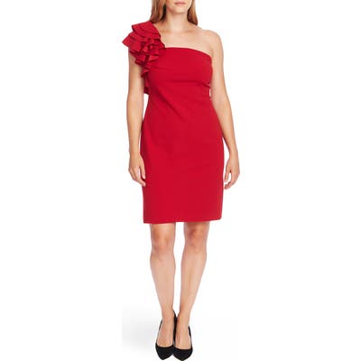 Vince Camuto Ruffle Detail One-Shoulder Crepe Sheath Dress, Red
