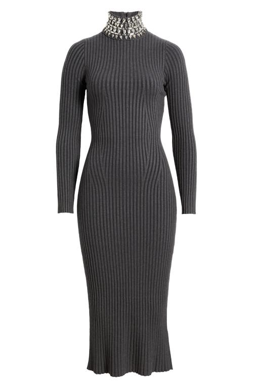 Bebe Crystal Neck Long Sleeve Rib Midi Dress In Charcoal