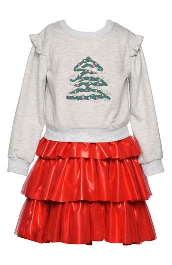 Shop Truly Me Kids' Rhinestone Sweatshirt & Tiered Skirt Set In Heather Grey