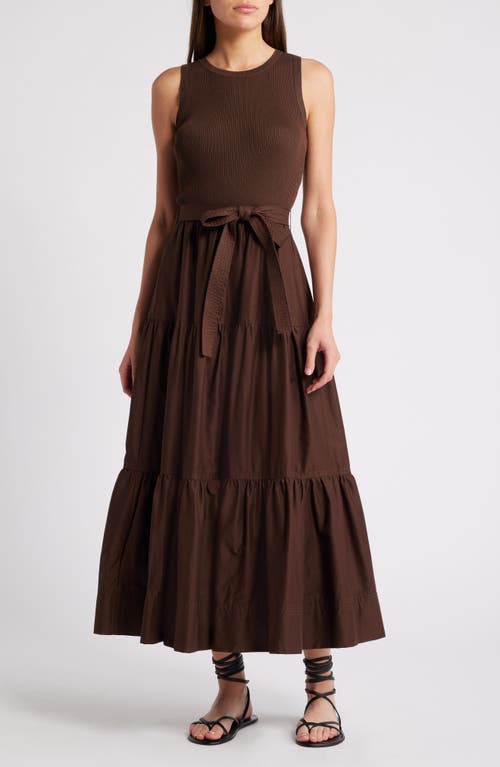 MOON RIVER Mixed Media Sleeveless Tiered Dress in Brown 