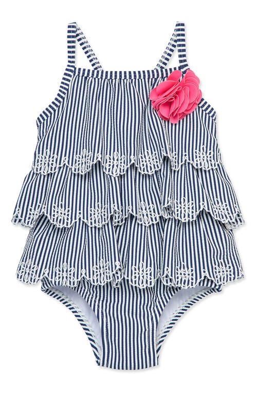 Little Me Kids' Tiered Ruffle Stripe One-Piece Swimsuit Navy at Nordstrom,