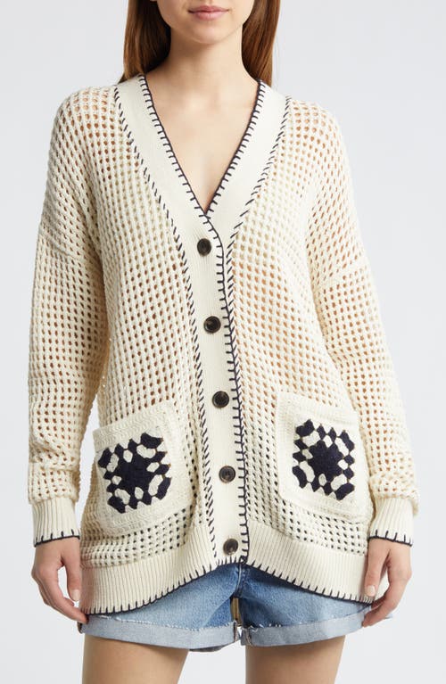 FRAME Crochet Pocket Open Stitch Cardigan in Cream/Navy at Nordstrom, Size Large