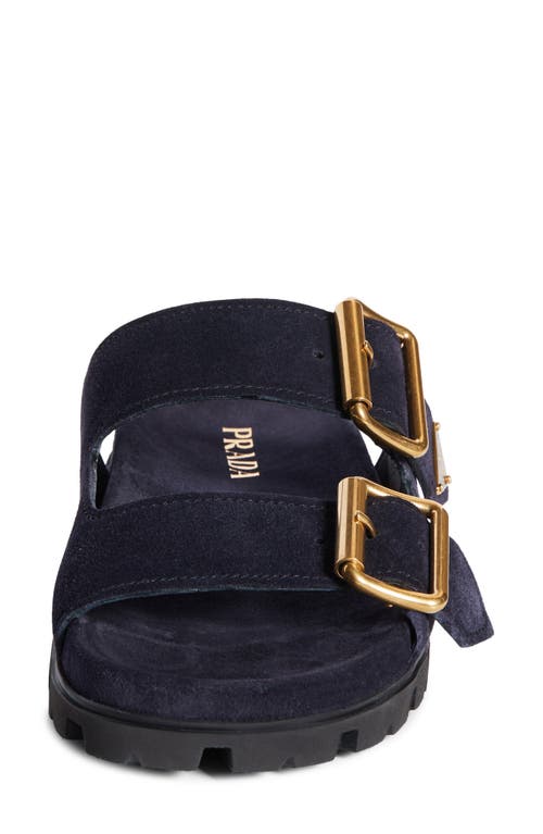 Prada Leather Slides Gold-tone Hardware Accents In Bleu