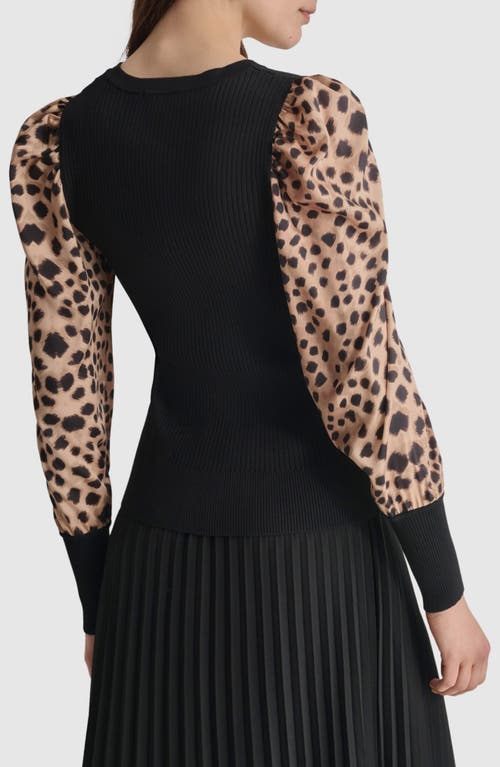 Shop Dkny Rib Puff Shoulder Sweater In Black/cheetah Repeat