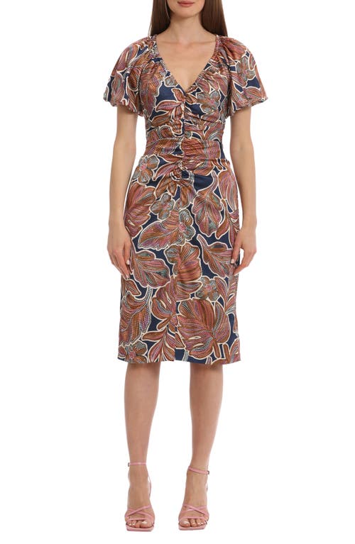 Maggy London Floral Puff Sleeve Ruched Sheath Dress in Navy/Umber Brown