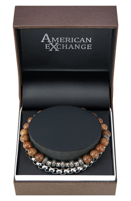 American Exchange Set Of 2 Beaded Stretch Bracelet & Box Chain Bracelet In Beige/silver