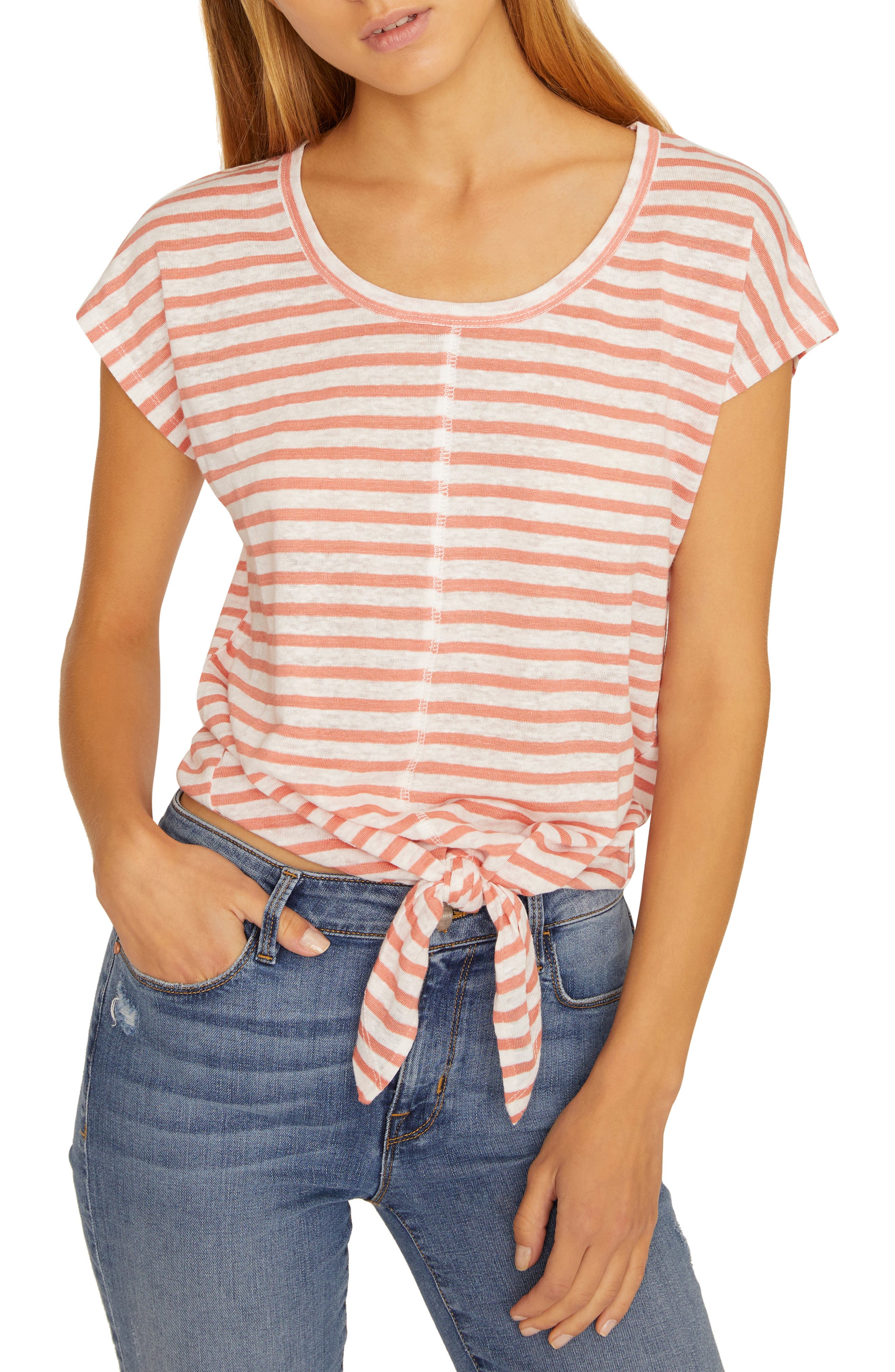 Sanctuary Maddy Tie Stripe Linen Tee, Coral