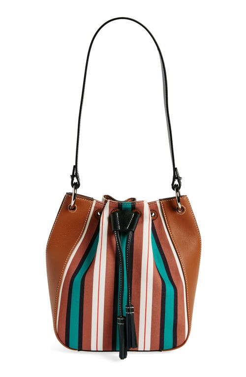 Collagerie Bolo Canvas & Leather Bucket Bag in Chestnut/Black/Green Stripe
