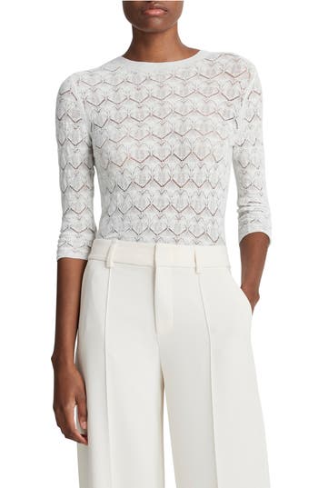 Vince Fine Lace Cotton Three-quarter-sleeve Sweater In Optic White In Optic White