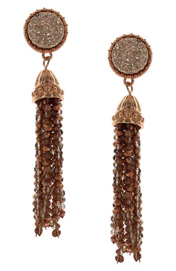 Shop Olivia Welles Ava Beaded Tassel Drop Earrings In Antique Gold/pink