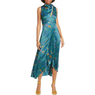 Amur Georgia Tie Neck Floral Print Silk Midi Dress, Blue/green