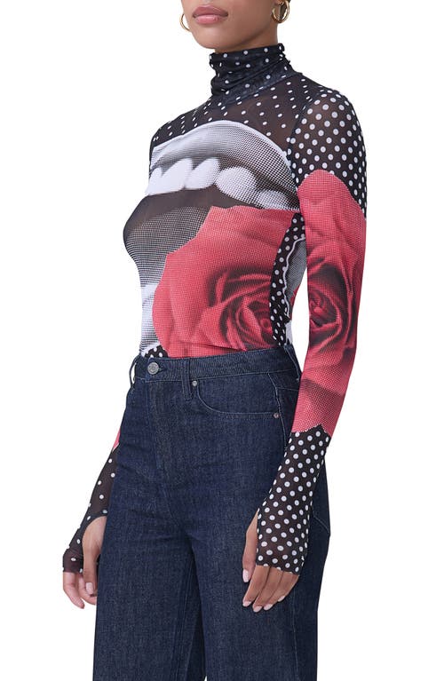 Afrm Zadie Print Mesh Turtleneck Top In Smile Dot