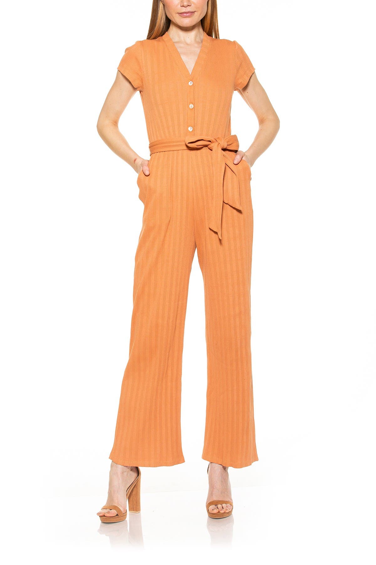 Alexia Admor Ezra Ribbed Button Down Straight Leg Jumpsuit In Caf