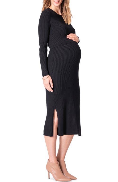 Shop Seraphine Long Sleeve Rib Maternity/nursing Midi Dress In Black