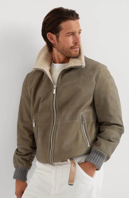 Shop Brunello Cucinelli Nubuck Shearling Bomber Jacket In Military