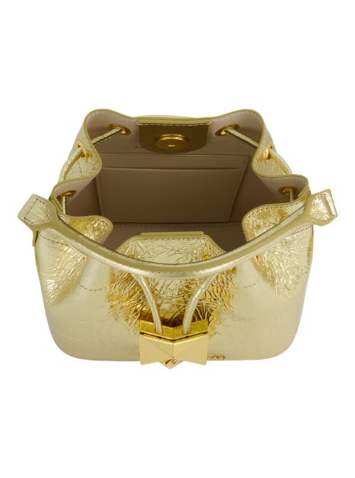 Mac Duggal Crinkle Metallic Leather Bucket Handbag In Gold