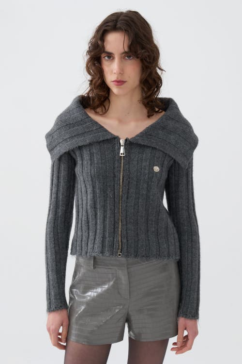 Shop Nocturne Knit Cardigan With Metal Seal Detail In Grey