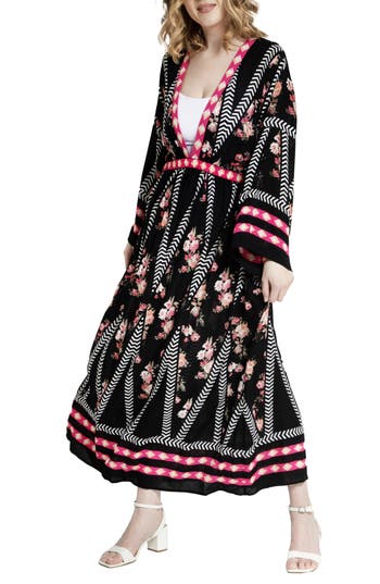 Saachi Floral Print Plunge Neck Cover-up Kaftan In Black Combo