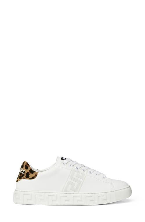 Shop Versace Greca Genuine Calf Hair Embellished Low Top Sneaker In White Brown Spotted Calf Hair