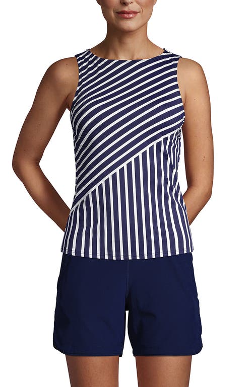 Lands' End Mastectomy Chlorine Resistant Square Neck Tankini Top Swimsuit Adjustable Straps In Deep Sea Mixed Diagonal Stripe