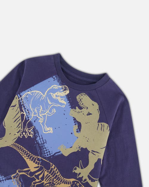 Shop Deux Par Deux Boy's Raglan T-shirt With Dinosaure Print Navy In Peacoat