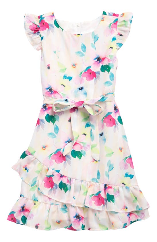 Little Angels Kids' Floral Print Belted Fit & Flare Dress In Blush