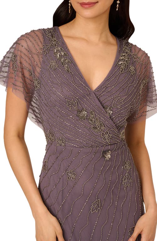 Shop Adrianna Papell Beaded Flutter Sleeve Gown In Moonscape