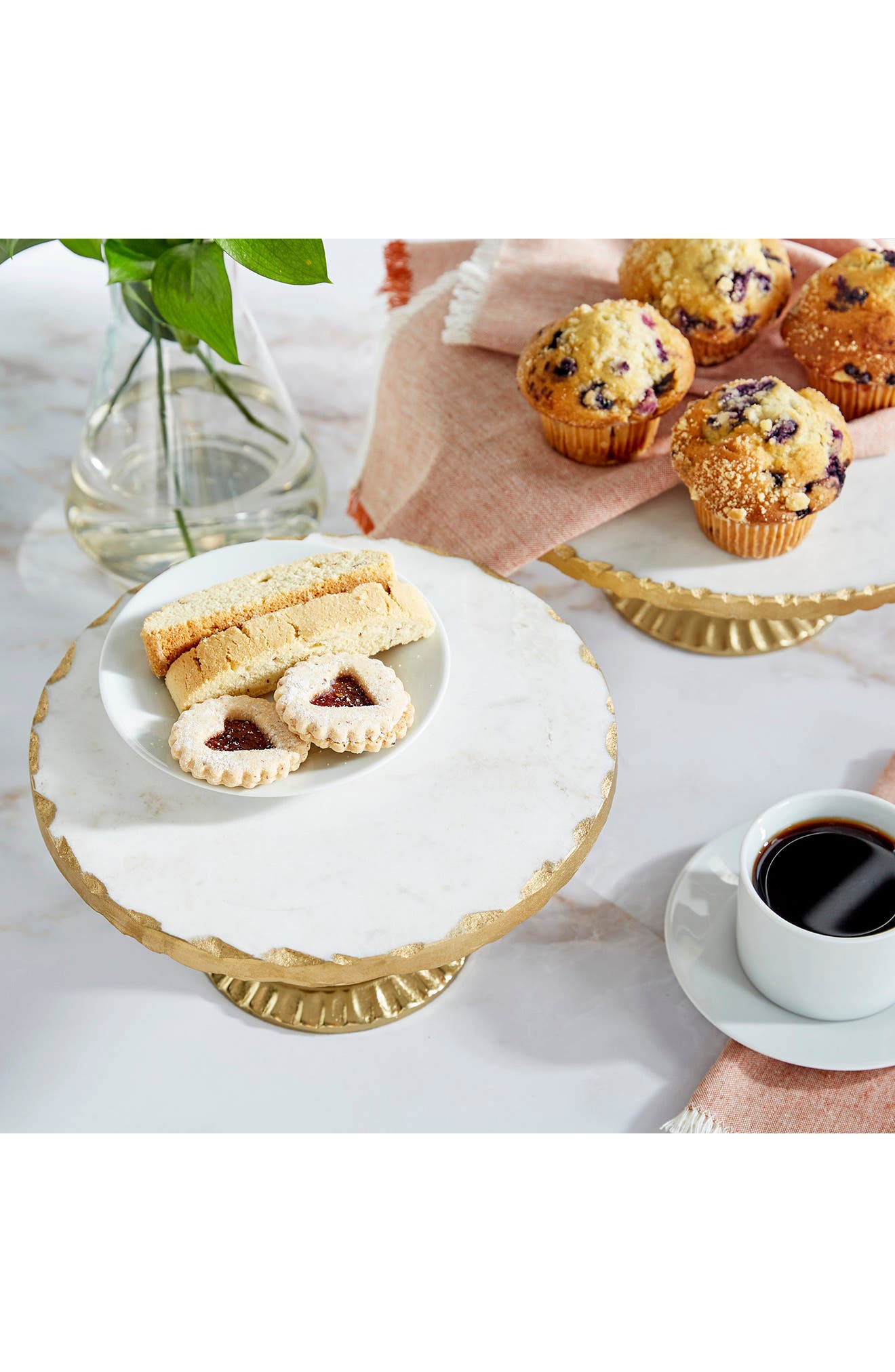 WILLOW ROW White Marble Cake Stand with Goldtone Base Set of 2