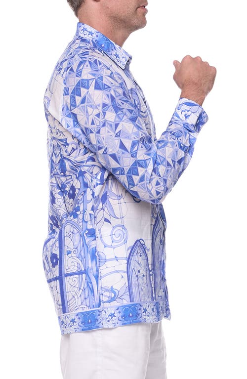 Shop Ranee's Ranees Trim Fit Print Linen & Cotton Blend Button-up Shirt In Blue