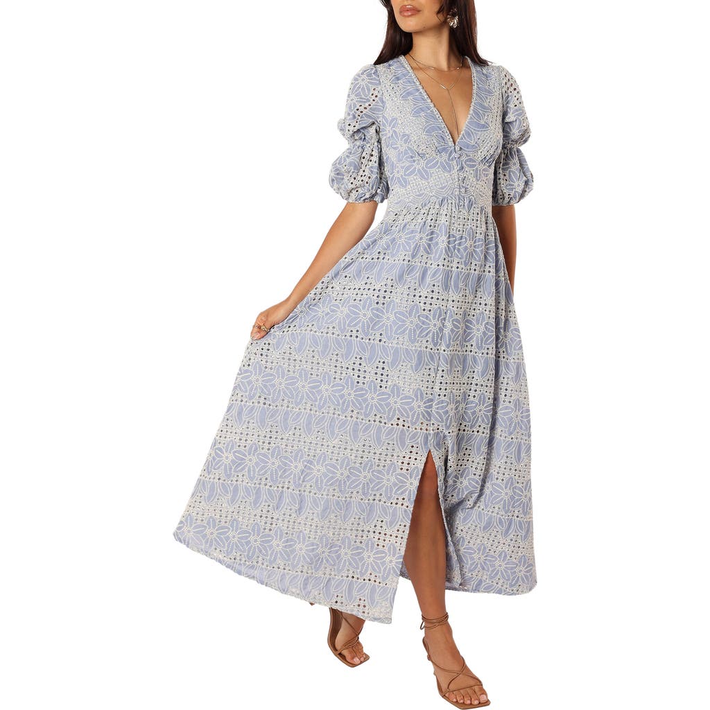 Petal And Pup Petal & Pup Tani Eyelet Puff Sleeve Cotton Blend Maxi Dress In Gray