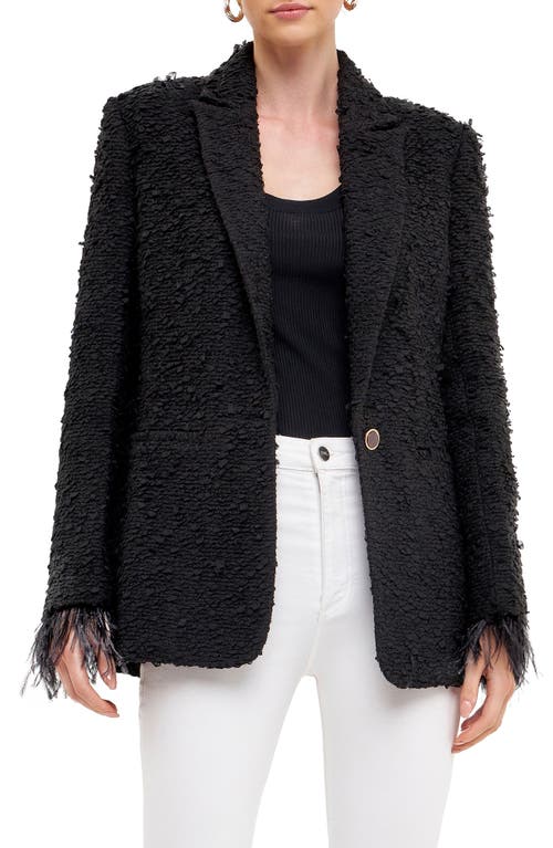 Endless Rose Feather Cuff Tweed Blazer Black at Nordstrom,