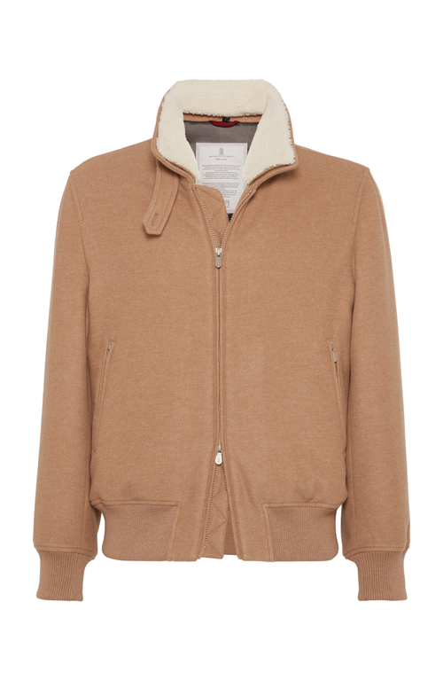 Shop Brunello Cucinelli Lightweight Water-resistant Cashmere Bomber Jacket With Detachable Shearling Inse In Camel