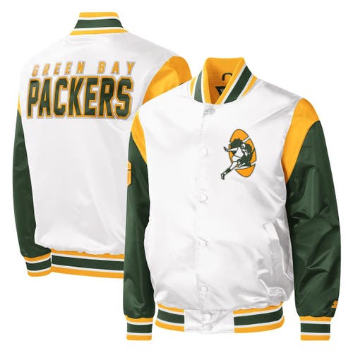 Men's Starter White Green Bay Packers Throwback Warm Up Pitch Satin Full-Snap Varsity Jacket
