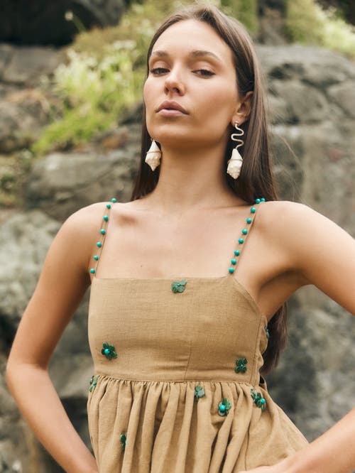 Shop Eddy Gavin Midi Dress In Light Fawn With Emeralds