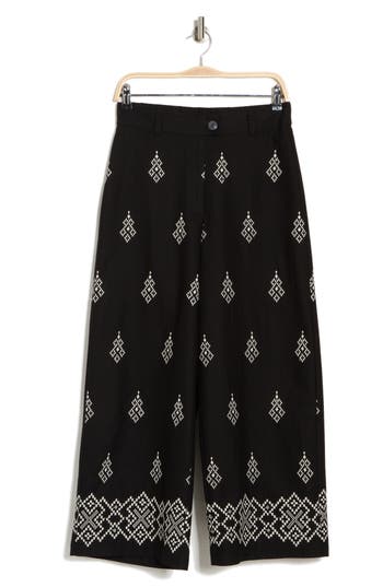 Shop Adrianna Papell Embroidered Cotton Wide Leg Pants In Black/cream