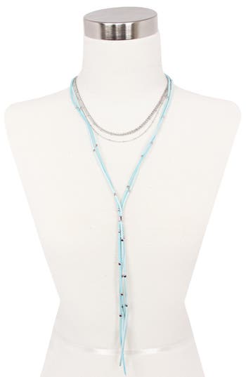 Shop Olivia Welles Layered Chain And Suede Lariat Necklace In Silver/aqua