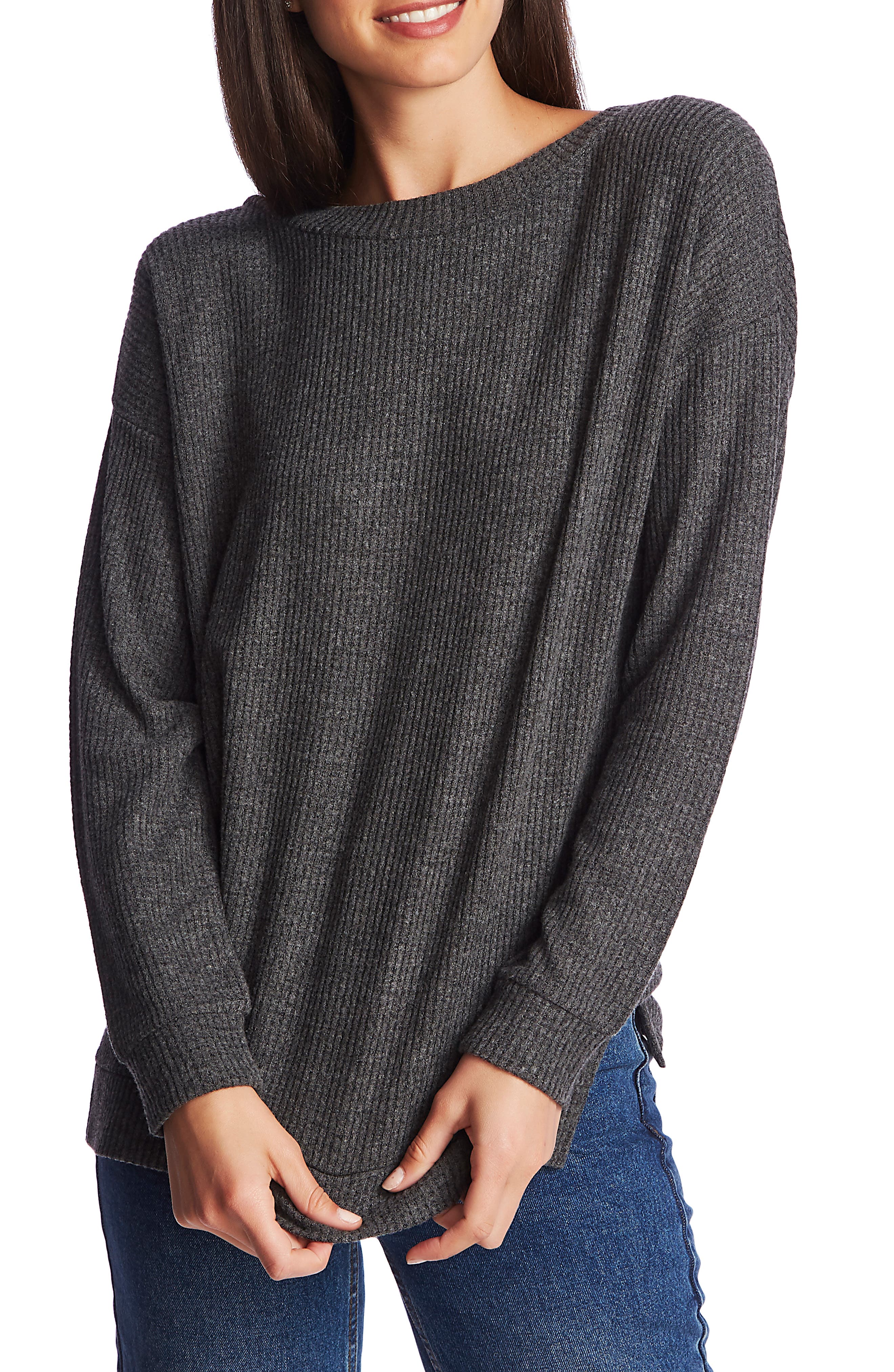 1.state Lattice V-back Waffle Weave Sweater In Med Heather Grey
