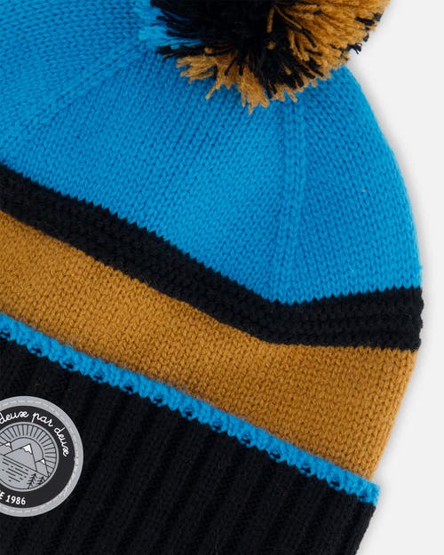 Shop Deux Par Deux Boy's Knit Hat Blue, Black And Spice In Color Block