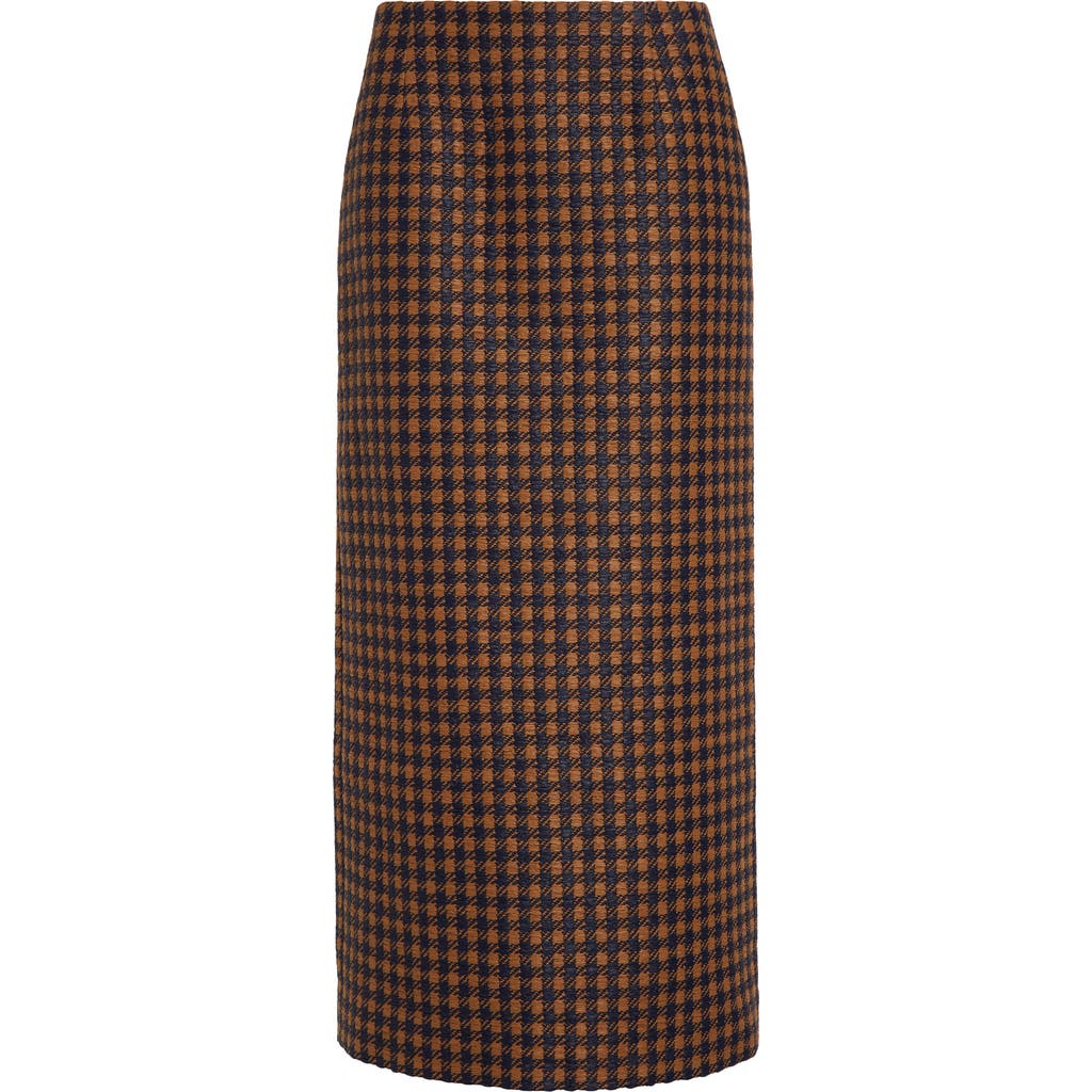 Shop Oscar De La Renta Microcheck Tweed Pencil Skirt In Cognac/navy
