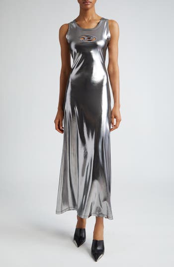 Cowl Neck Metallic Foiled Maxi Slip Dress