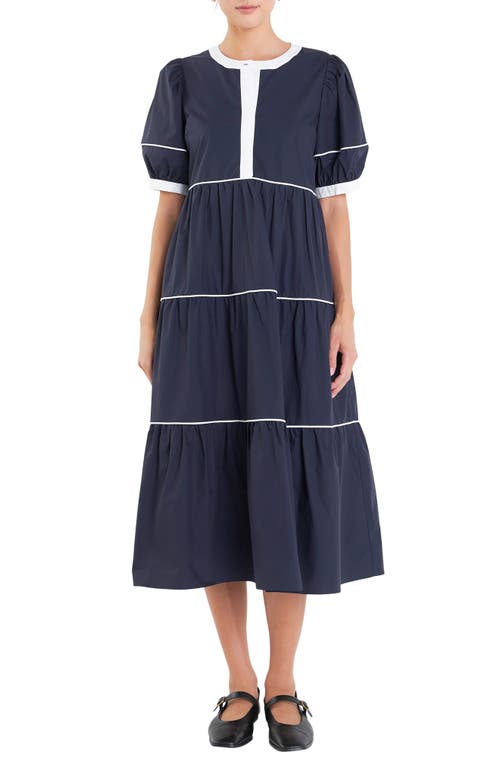 Shop English Factory Contrast Trim Midi Dress In Navy