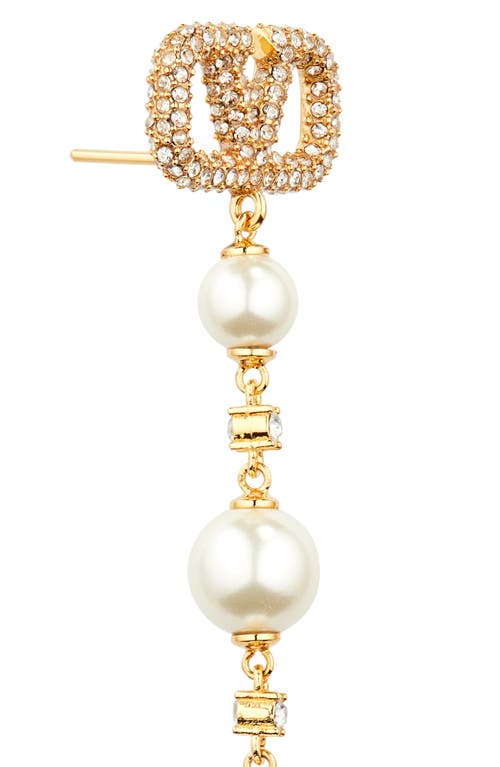 Shop Valentino Garavani Vlogo Imitation Pearl Linear Drop Earrings In Oro 18/cream/crystal Silver