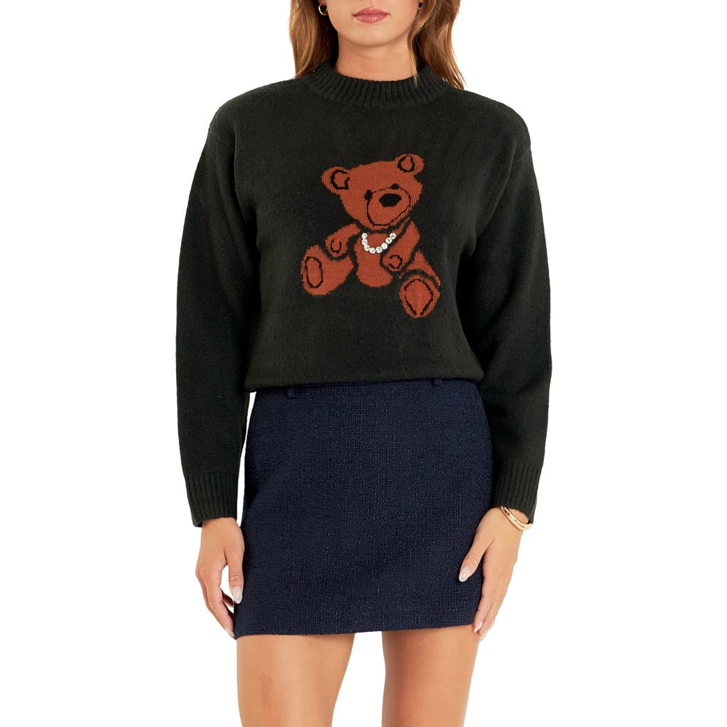 English Factory Teddy Bear Embellished Crewneck Sweater In Dark Green